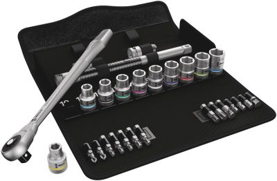 8100 SC 7 Zyklop Metal Ratchet Set with push-through square, 1/2Inch drive, metric, 28 pieces