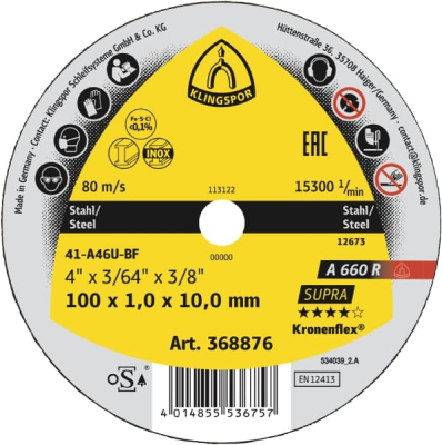 Klingspor A 660 R Supra Kronenflex small cutting-off wheel for Steel, Stainless steel